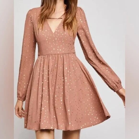 BCBGeneration Dusty Pink Gold Foil Star Print Bishop Sleeve Dress SZ 2 - Picture 1 of 11